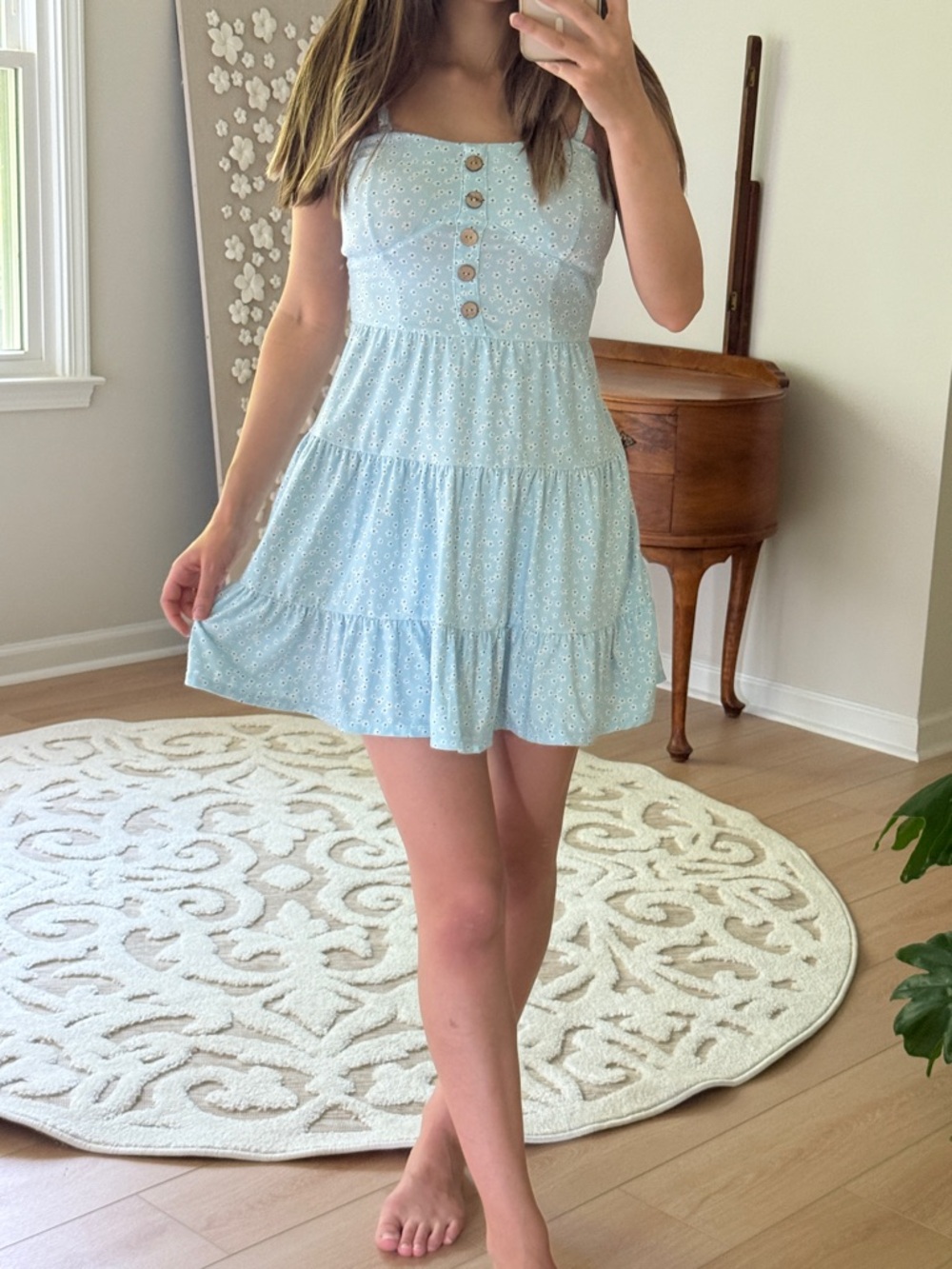 Light Blue Soft Padded Tiered Sundress with Buttons